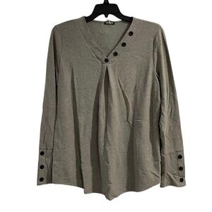 Flamingals Women Gray V Neck Long Sleeve Tunic Top with Button Detail Size 2XL